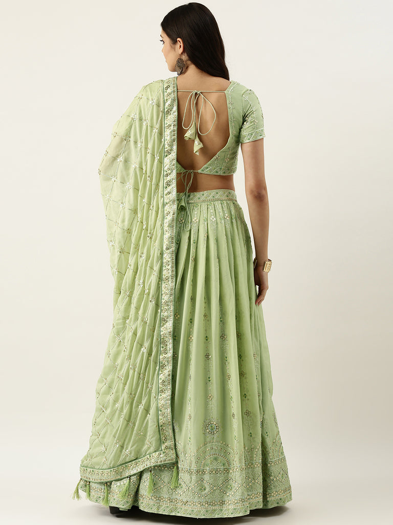 Pista Green Pure Georgette Embroidered Semi-Stitched Lehenga & Unstitched Blouse, Dupatta Clothsvilla