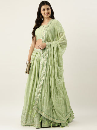 Pista Green Pure Georgette Embroidered Semi-Stitched Lehenga & Unstitched Blouse, Dupatta Clothsvilla