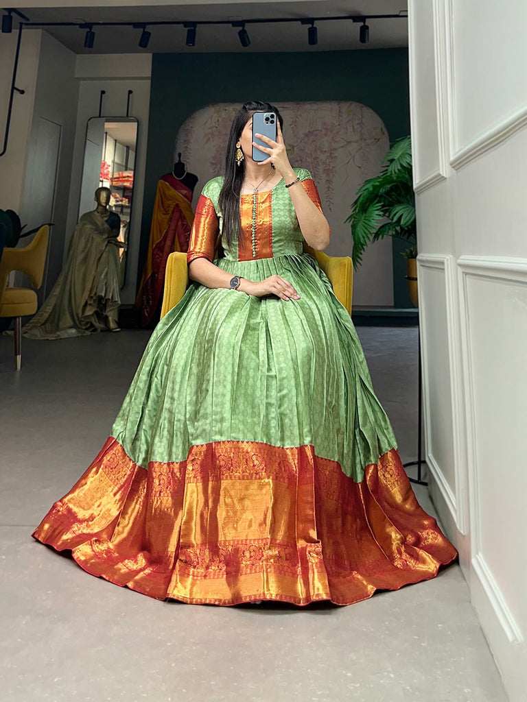 Pista Green Self-Design Aura Zari Weave Gown Dress ClothsVilla