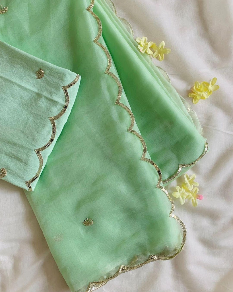 Pista Green Semi-Pure Organza Saree with Exquisite Handwork – Paired with Silk Blouse Featuring Handwork ClothsVilla