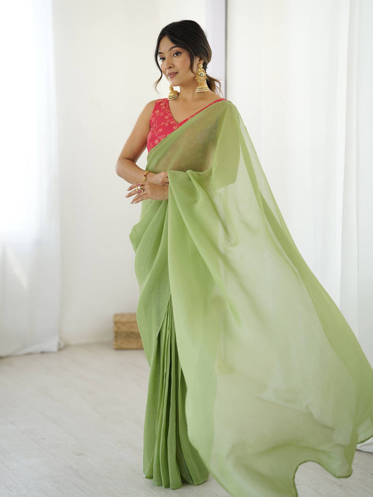 Pista Green Sparkle Silk Ready-to-Wear Saree with Adjustable Hooks & Heavy Banarasi Silk Stitched Blouse – Effortless Elegance for Every Occasion ClothsVilla