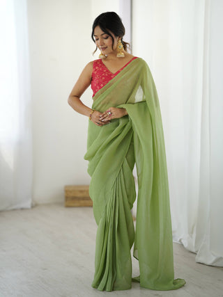 Pista Green Sparkle Silk Ready-to-Wear Saree with Adjustable Hooks & Heavy Banarasi Silk Stitched Blouse – Effortless Elegance for Every Occasion ClothsVilla