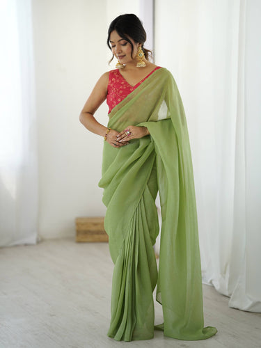 Pista Green Sparkle Silk Ready-to-Wear Saree with Adjustable Hooks & Heavy Banarasi Silk Stitched Blouse – Effortless Elegance for Every Occasion ClothsVilla