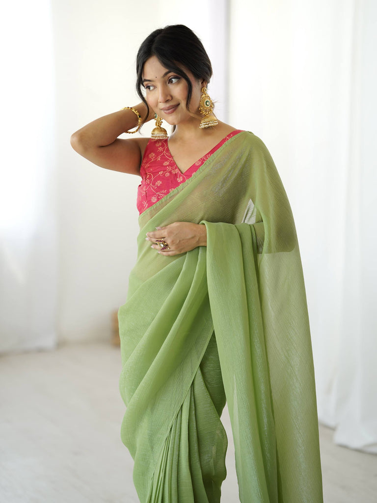 Pista Green Sparkle Silk Ready-to-Wear Saree with Adjustable Hooks & Heavy Banarasi Silk Stitched Blouse – Effortless Elegance for Every Occasion ClothsVilla