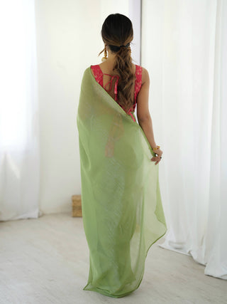 Pista Green Sparkle Silk Ready-to-Wear Saree with Adjustable Hooks & Heavy Banarasi Silk Stitched Blouse – Effortless Elegance for Every Occasion ClothsVilla