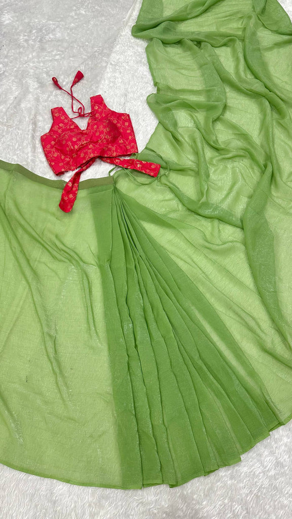 Pista Green Sparkle Silk Ready-to-Wear Saree with Adjustable Hooks & Heavy Banarasi Silk Stitched Blouse – Effortless Elegance for Every Occasion ClothsVilla