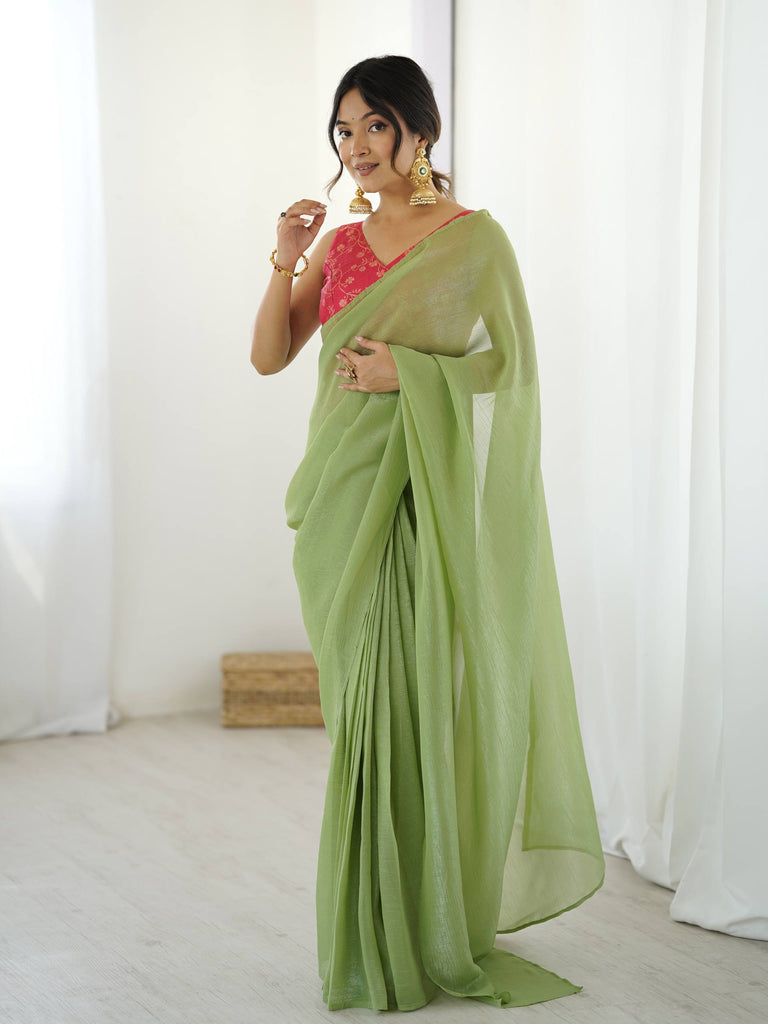 Pista Green Sparkle Silk Ready-to-Wear Saree with Adjustable Hooks & Heavy Banarasi Silk Stitched Blouse – Effortless Elegance for Every Occasion ClothsVilla