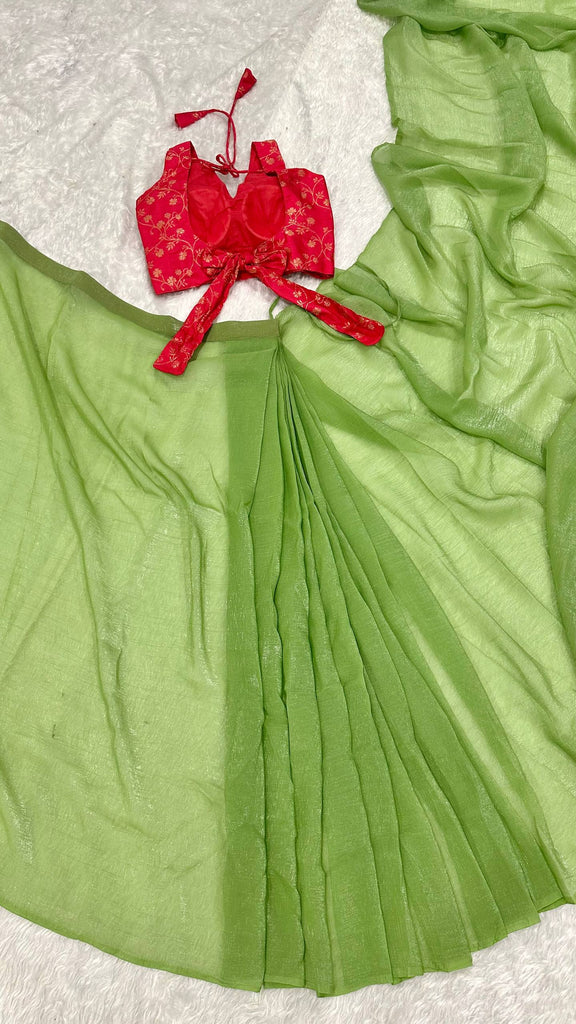 Pista Green Sparkle Silk Ready-to-Wear Saree with Adjustable Hooks & Heavy Banarasi Silk Stitched Blouse – Effortless Elegance for Every Occasion ClothsVilla