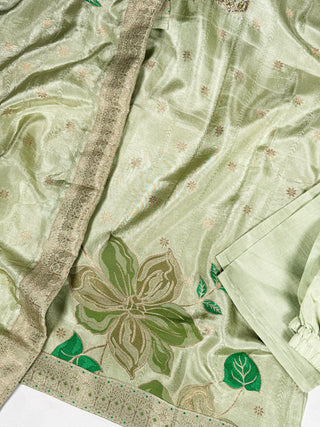 Pista Ivory Pure Viscose Zari-Woven Top, Roman Silk Bottom & Zari Dupatta Set – Fully Stitched Ethnic Wear ClothsVilla