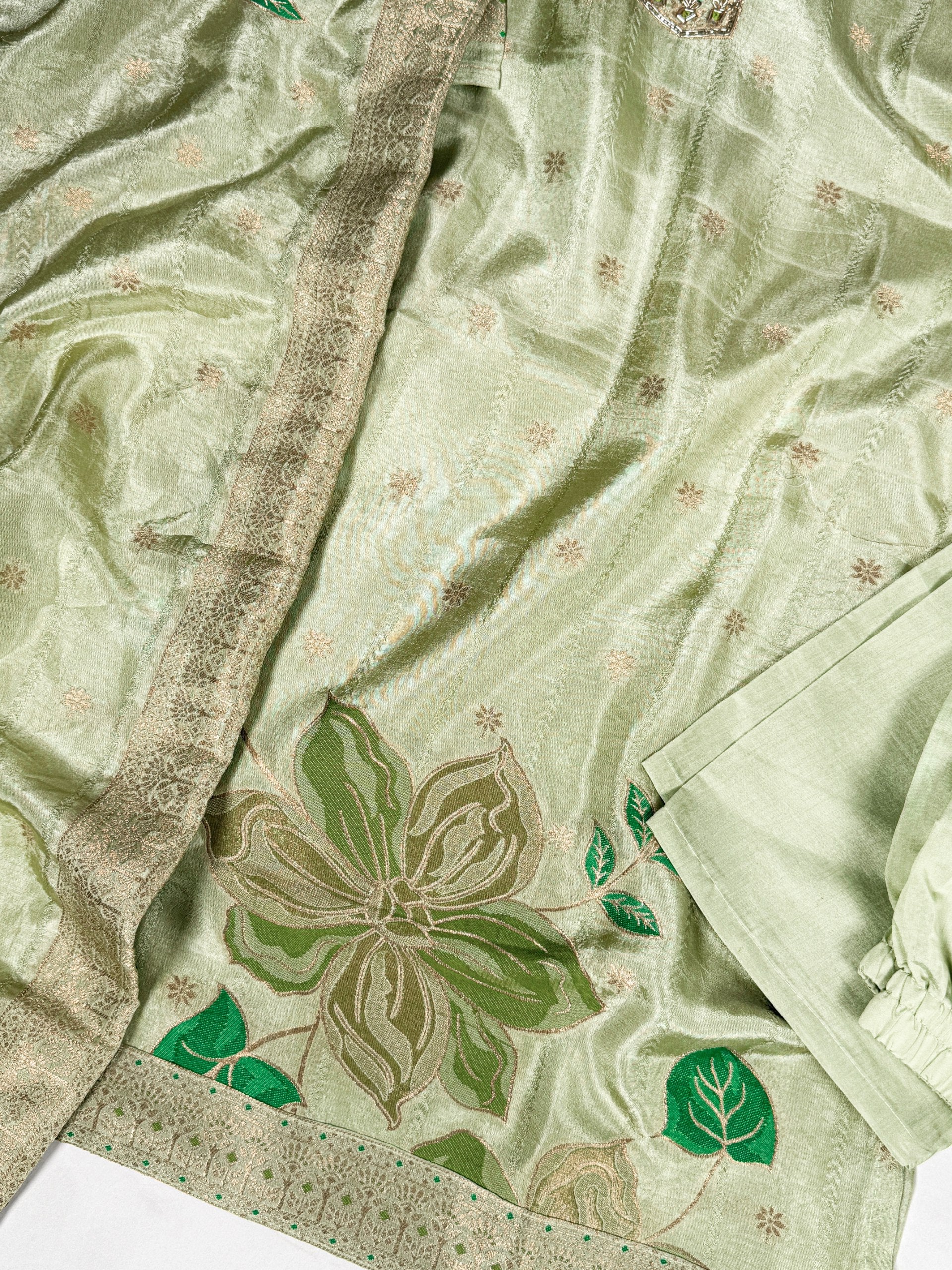 Pista Ivory Pure Viscose Zari-Woven Top, Roman Silk Bottom & Zari Dupatta Set – Fully Stitched Ethnic Wear ClothsVilla