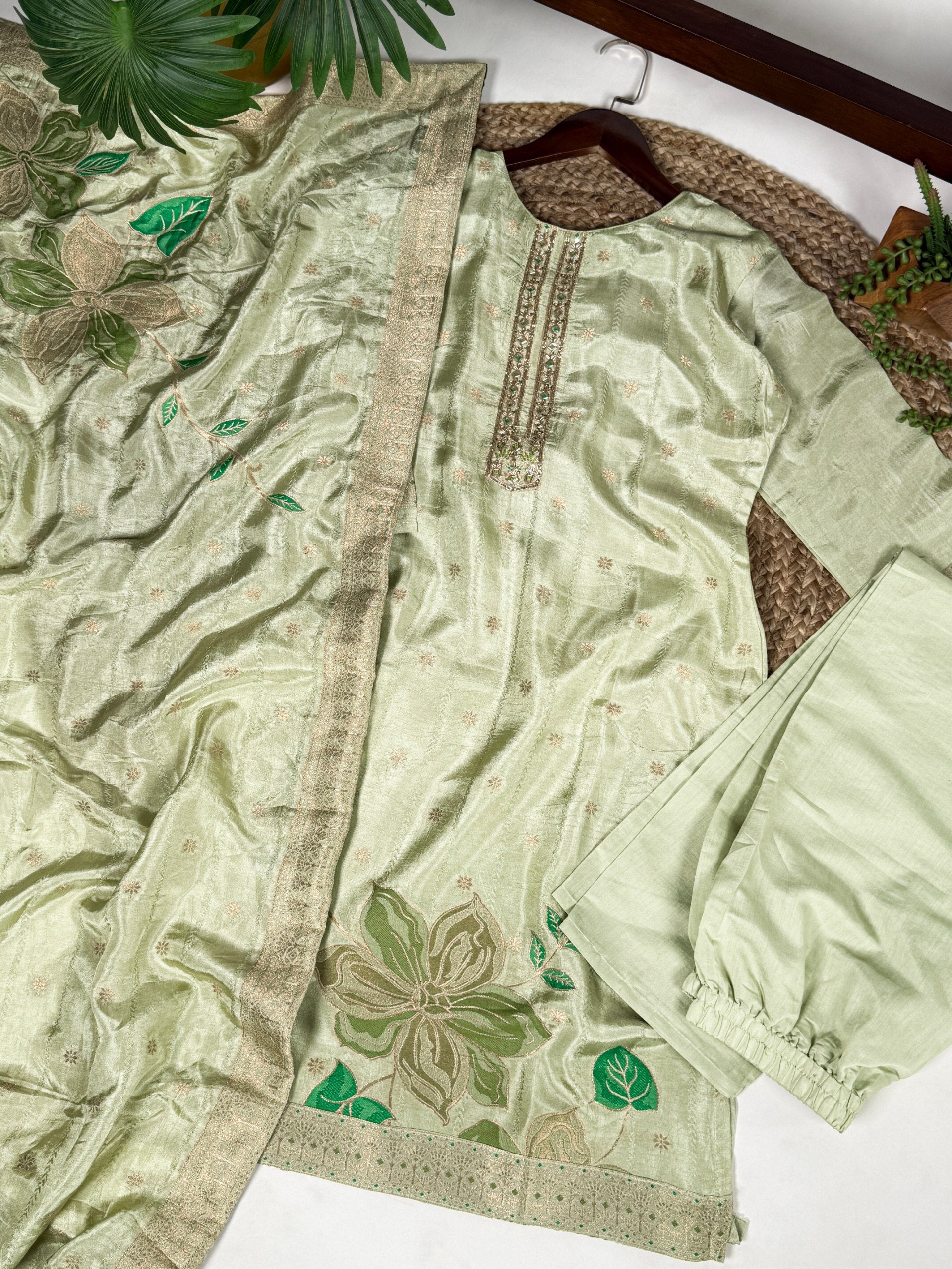 Pista Ivory Pure Viscose Zari-Woven Top, Roman Silk Bottom & Zari Dupatta Set – Fully Stitched Ethnic Wear ClothsVilla