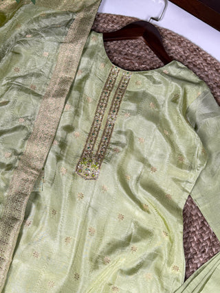 Pista Ivory Pure Viscose Zari-Woven Top, Roman Silk Bottom & Zari Dupatta Set – Fully Stitched Ethnic Wear ClothsVilla