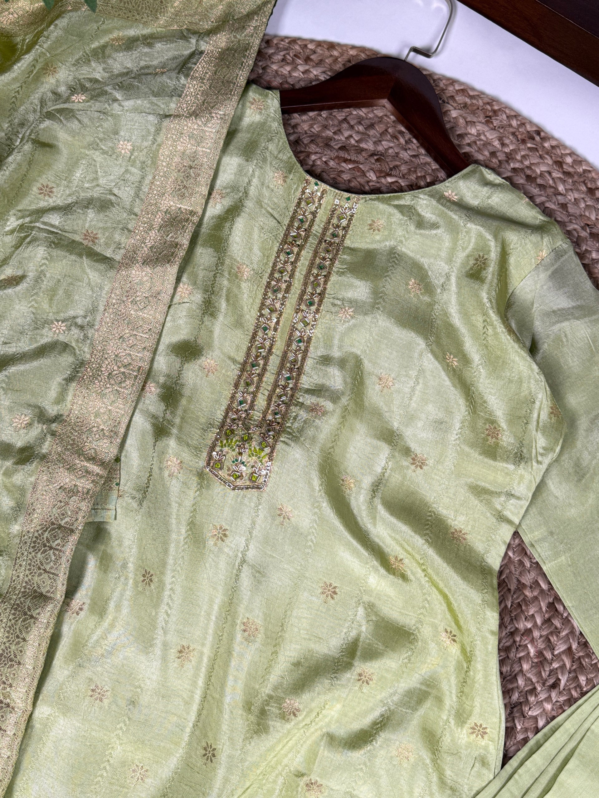 Pista Ivory Pure Viscose Zari-Woven Top, Roman Silk Bottom & Zari Dupatta Set – Fully Stitched Ethnic Wear ClothsVilla