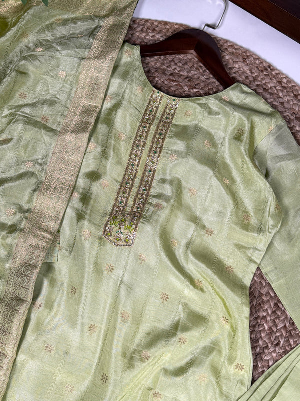 Pista Ivory Pure Viscose Zari-Woven Top, Roman Silk Bottom & Zari Dupatta Set – Fully Stitched Ethnic Wear ClothsVilla