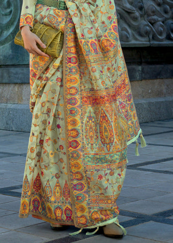 Pista Jamawar Woven Organza Silk Saree – Traditional Elegance with Blouse Piece ClothsVilla