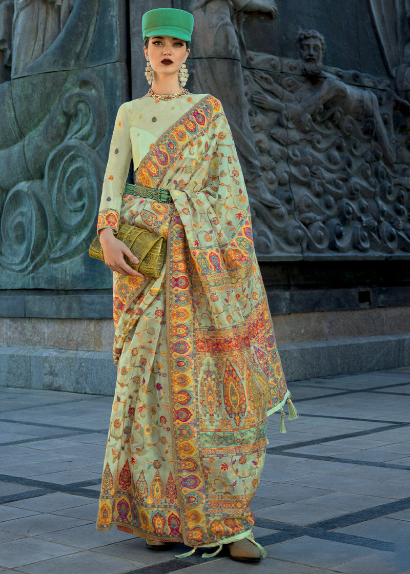 Pista Jamawar Woven Organza Silk Saree – Traditional Elegance with Blouse Piece ClothsVilla