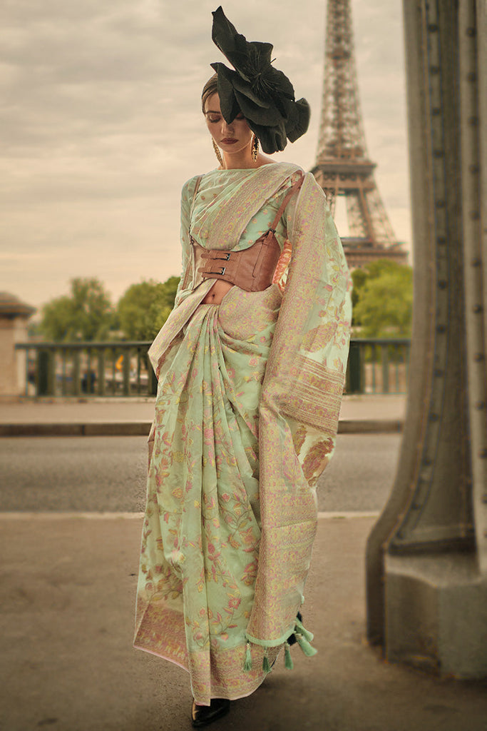 Pista Kashmiri Satin Organza Handloom Weaving Saree with Unstitched Blouse ClothsVilla