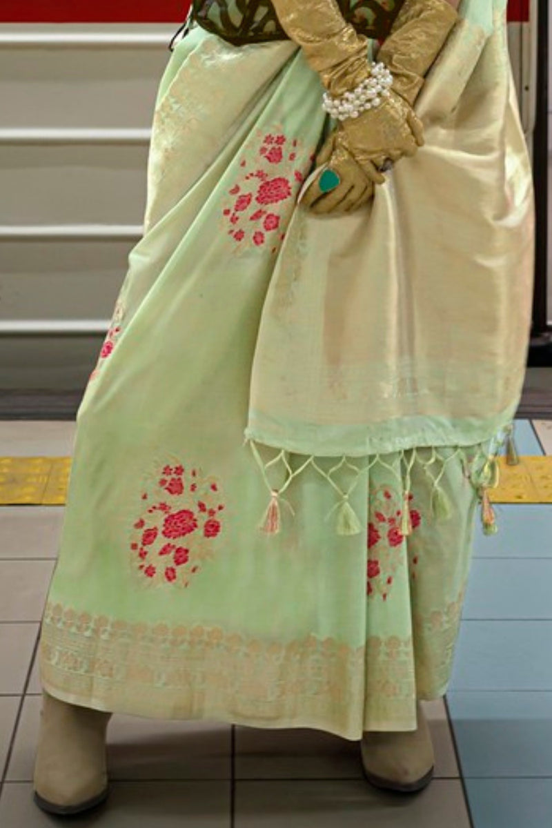 Pista Katan Handloom Silk Saree with Blouse Piece ClothsVilla