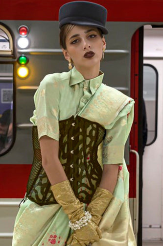 Pista Katan Handloom Silk Saree with Blouse Piece ClothsVilla