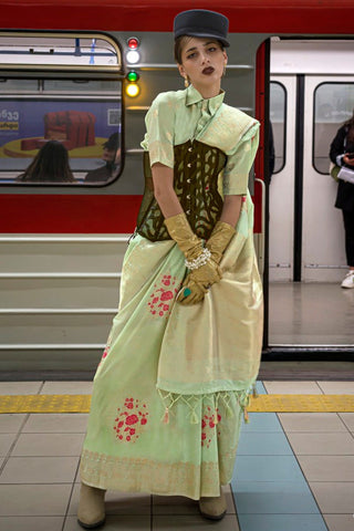 Pista Katan Handloom Silk Saree with Blouse Piece ClothsVilla
