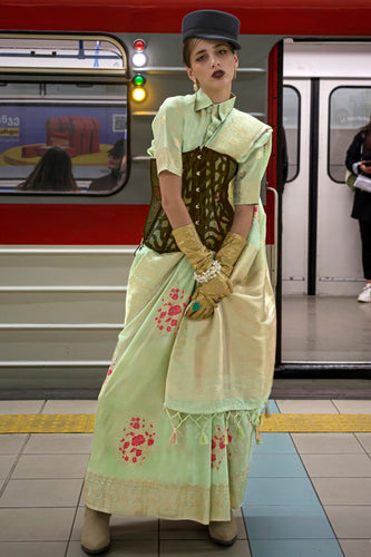 Pista Katan Handloom Silk Saree with Blouse Piece ClothsVilla