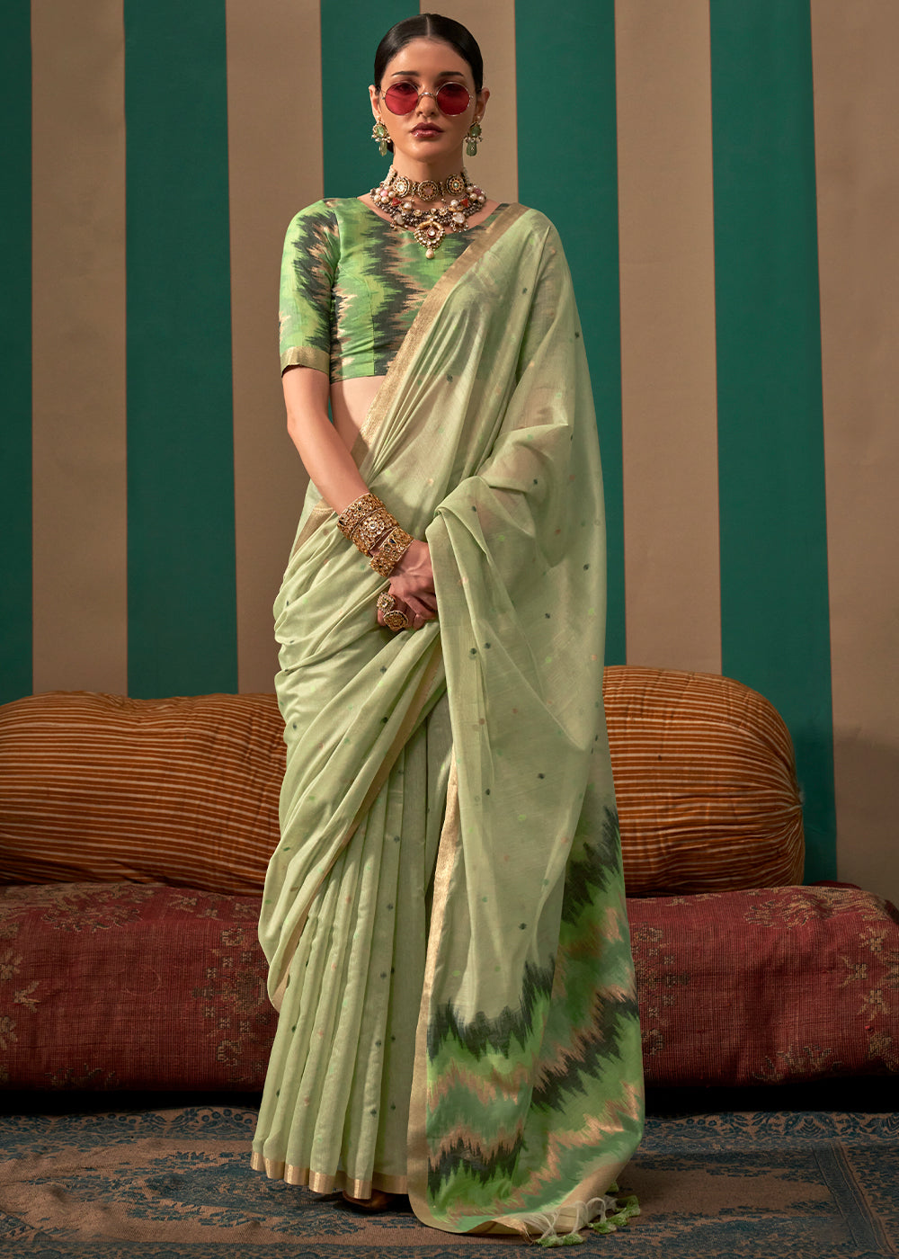 Pista Lustrous Spun Silk Saree with Cotton Blend ClothsVilla Main image