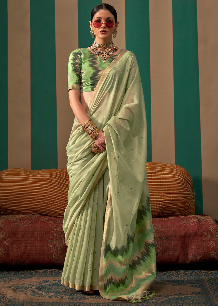 Pista Lustrous Spun Silk Saree with Cotton Blend ClothsVilla
