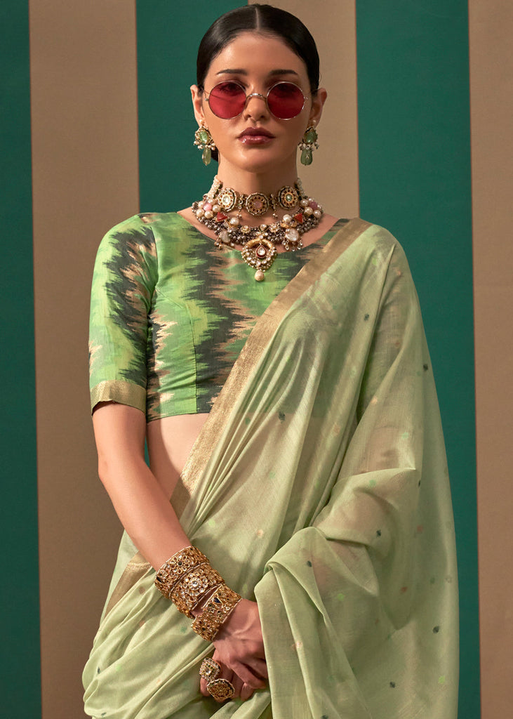 Pista Lustrous Spun Silk Saree with Cotton Blend ClothsVilla