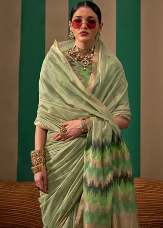 Pista Lustrous Spun Silk Saree with Cotton Blend ClothsVilla