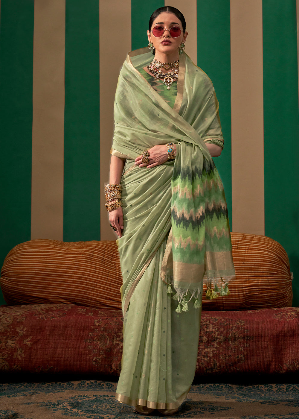Pista Lustrous Spun Silk Saree with Cotton Blend ClothsVilla