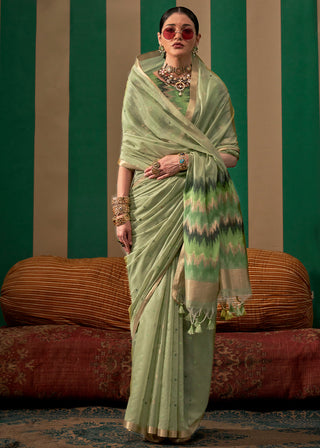 Pista Lustrous Spun Silk Saree with Cotton Blend ClothsVilla