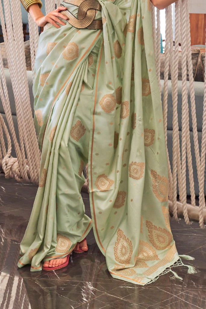 Pista Luxurious Pure Silk Banarasi Saree with Unstitched Blouse Piece ClothsVilla