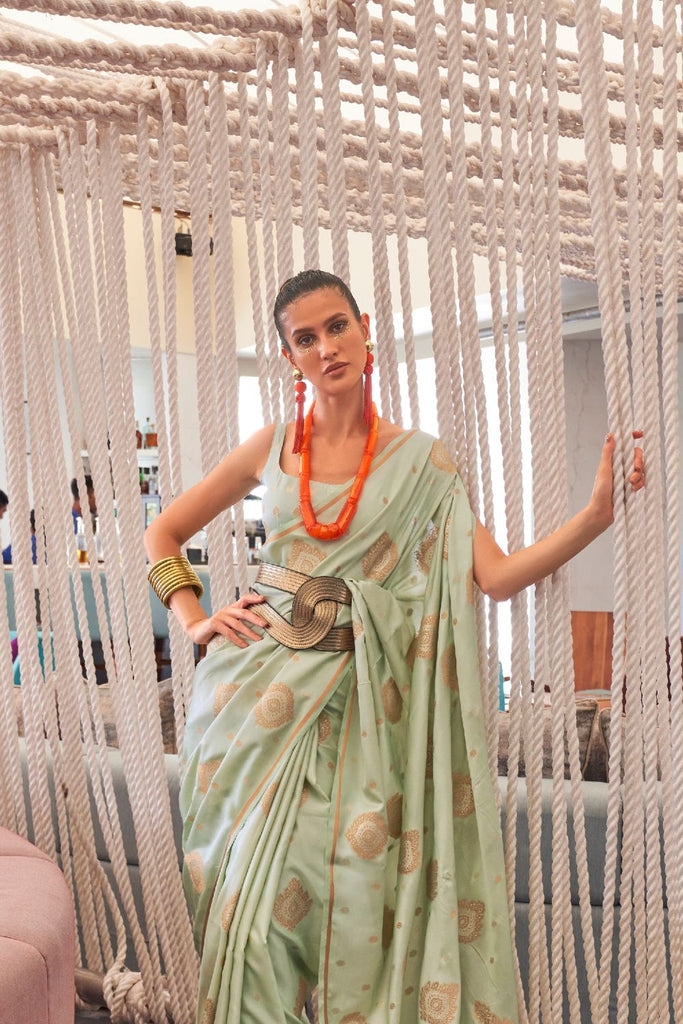 Pista Luxurious Pure Silk Banarasi Saree with Unstitched Blouse Piece ClothsVilla