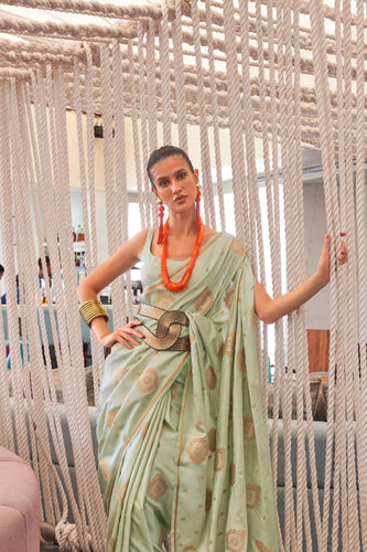 Pista Luxurious Pure Silk Banarasi Saree with Unstitched Blouse Piece ClothsVilla