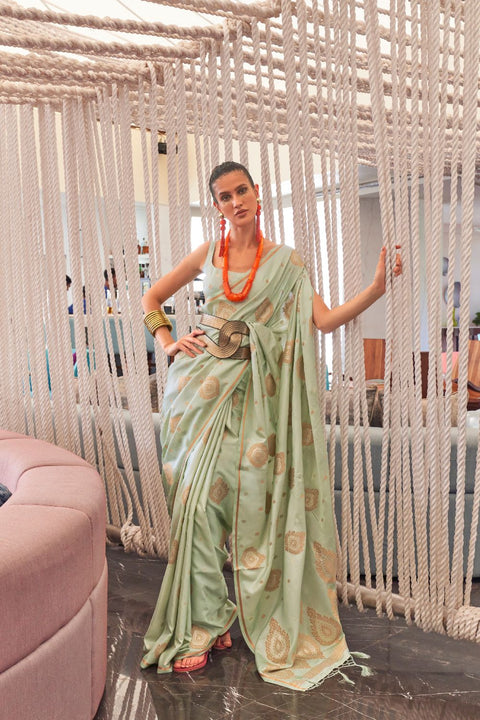 Pista Luxurious Pure Silk Banarasi Saree with Unstitched Blouse Piece ClothsVilla Main image