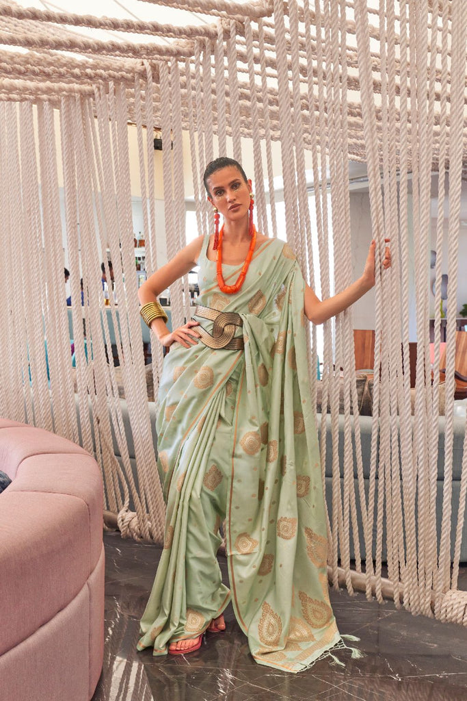 Pista Luxurious Pure Silk Banarasi Saree with Unstitched Blouse Piece ClothsVilla