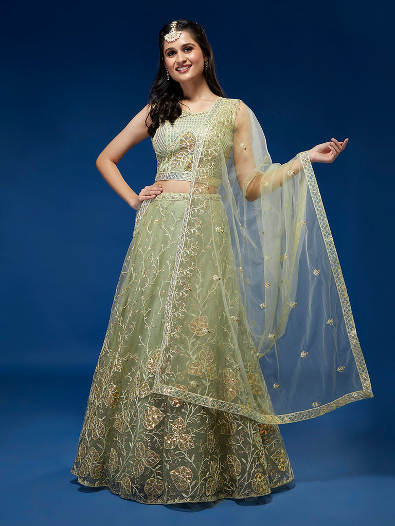 Pista Net Sequinse Work Semi-Stitched Lehenga & Unstitched Blouse, Dupatta ClothsVilla