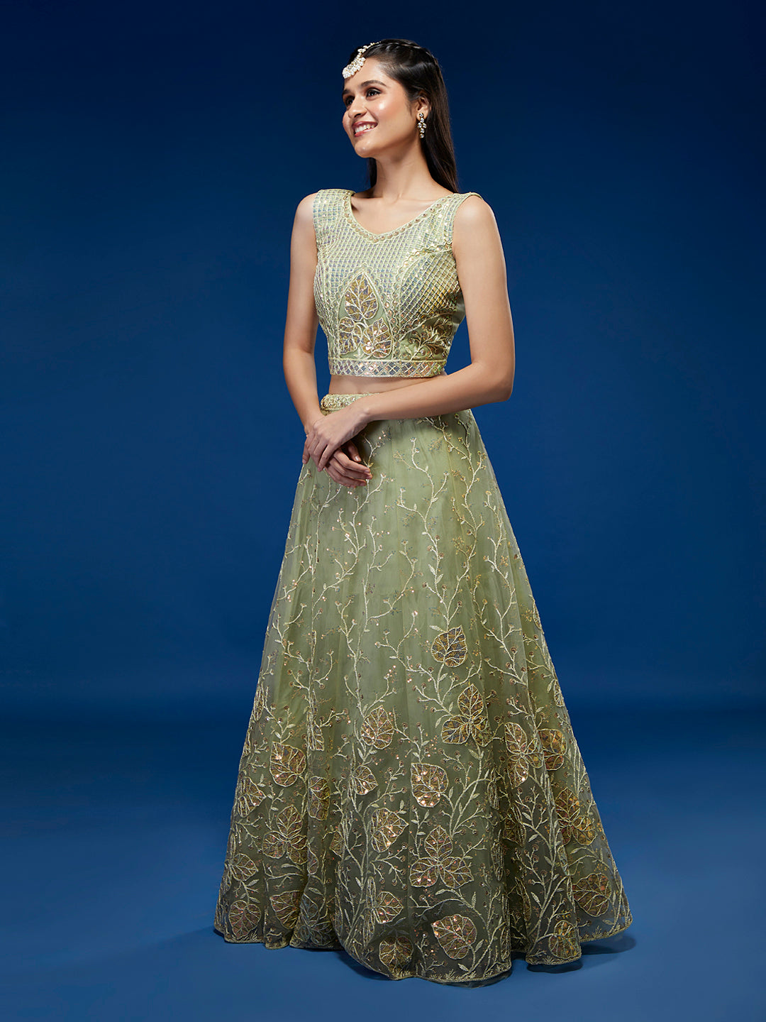 Pista Net Sequinse Work Semi-Stitched Lehenga & Unstitched Blouse, Dupatta ClothsVilla
