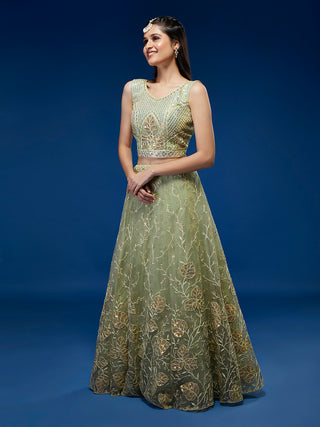 Pista Net Sequinse Work Semi-Stitched Lehenga & Unstitched Blouse, Dupatta ClothsVilla