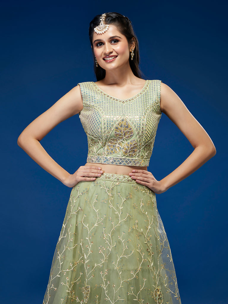 Pista Net Sequinse Work Semi-Stitched Lehenga & Unstitched Blouse, Dupatta ClothsVilla