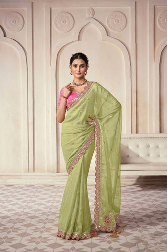 Pista Organza Cording Foil Embroidered Saree with Silk Digital Blouse ClothsVilla