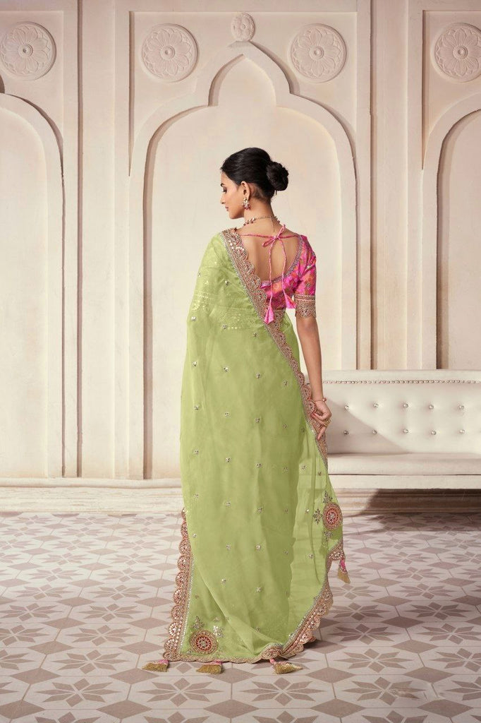 Pista Organza Cording Foil Embroidered Saree with Silk Digital Blouse ClothsVilla