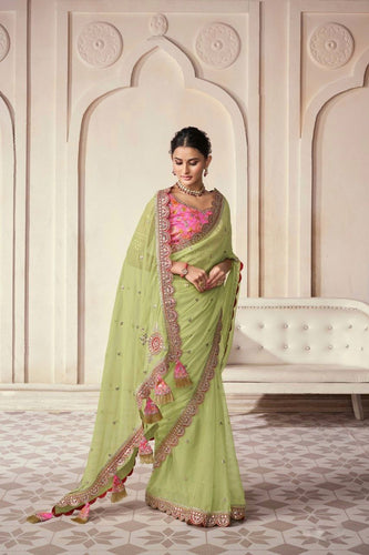 Pista Organza Cording Foil Embroidered Saree with Silk Digital Blouse ClothsVilla