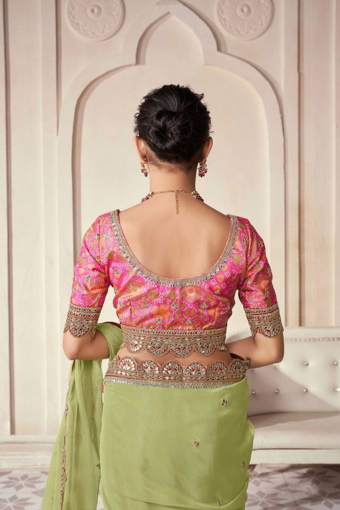 Pista Organza Cording Foil Embroidered Saree with Silk Digital Blouse ClothsVilla