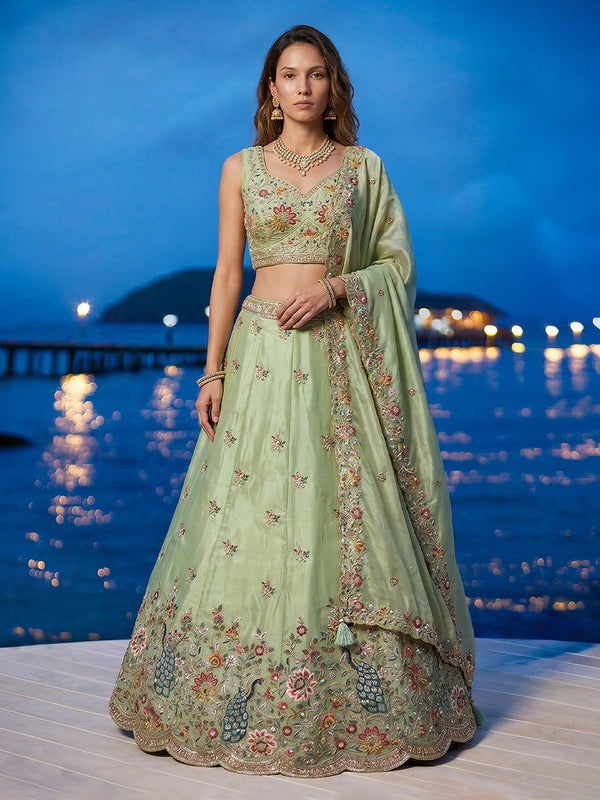 Organza Zarkan, Multi-Color Thread, Goldn Sequin Embroidered Lehenga Choli with Dupatta Clothsvilla
