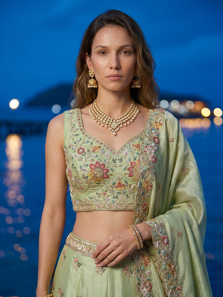 Organza Zarkan, Multi-Color Thread, Goldn Sequin Embroidered Lehenga Choli with Dupatta Clothsvilla