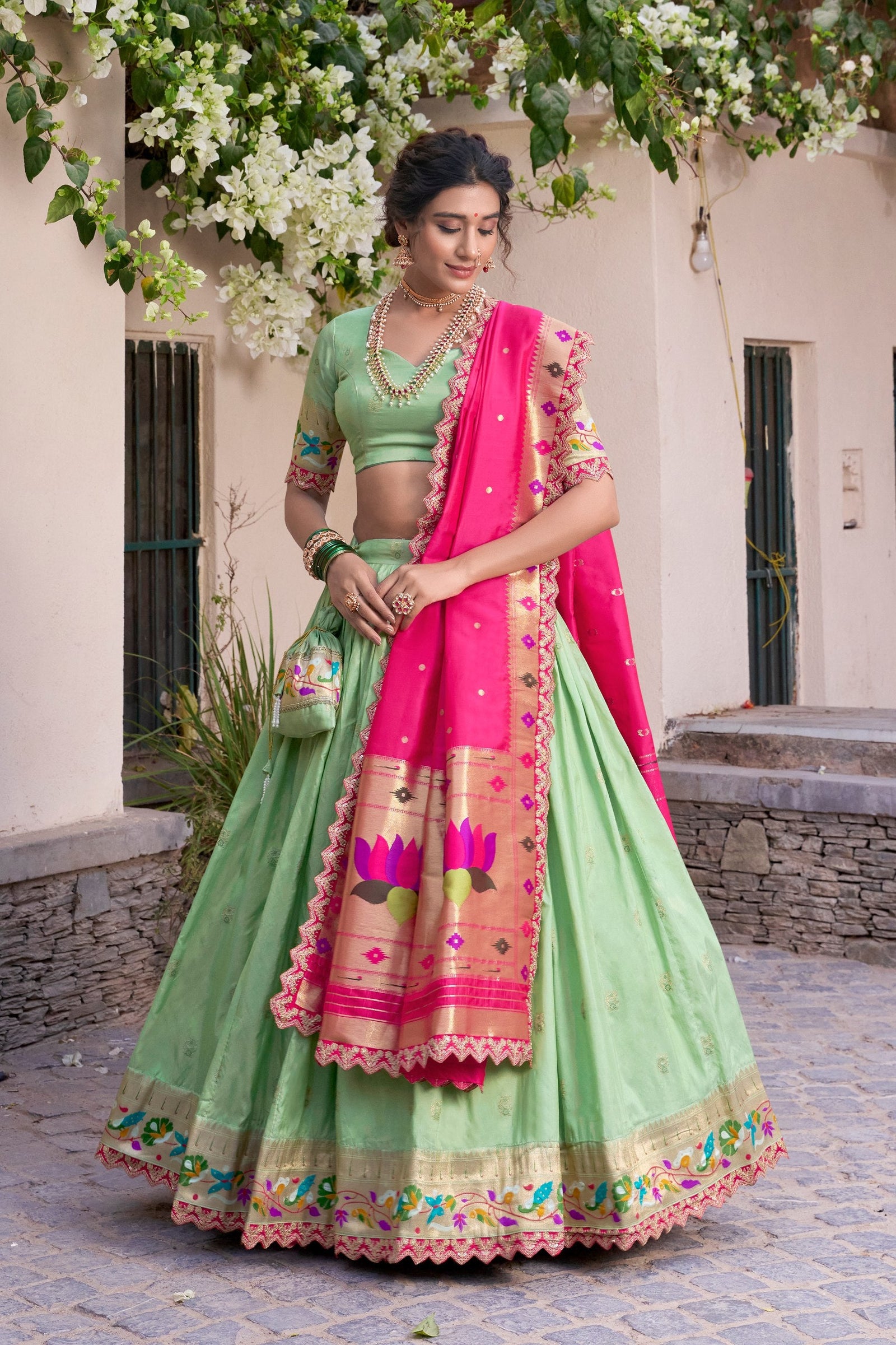 Pista Paithani Jacquard Silk Lehenga Set with Zari Weaving, Embroidery & Scallop ClothsVilla