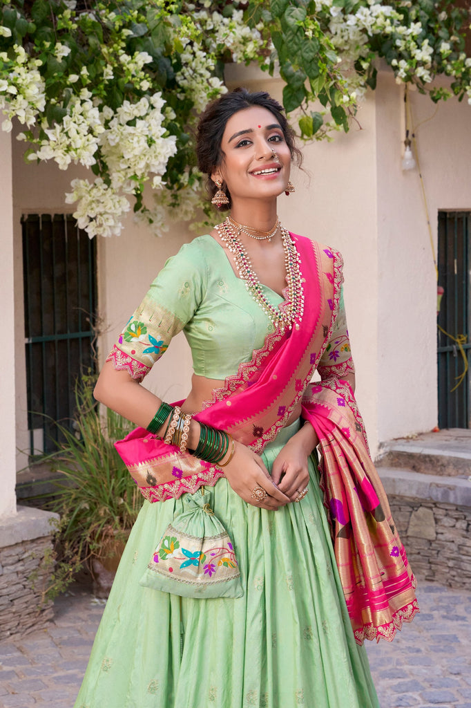 Pista Paithani Jacquard Silk Lehenga Set with Zari Weaving, Embroidery & Scallop ClothsVilla