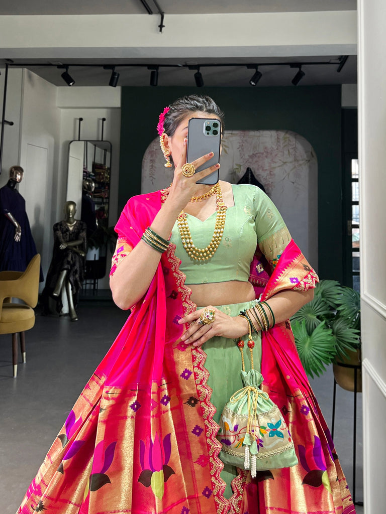 Pista Paithani Jacquard Silk Lehenga Set with Zari Weaving, Embroidery & Scallop ClothsVilla