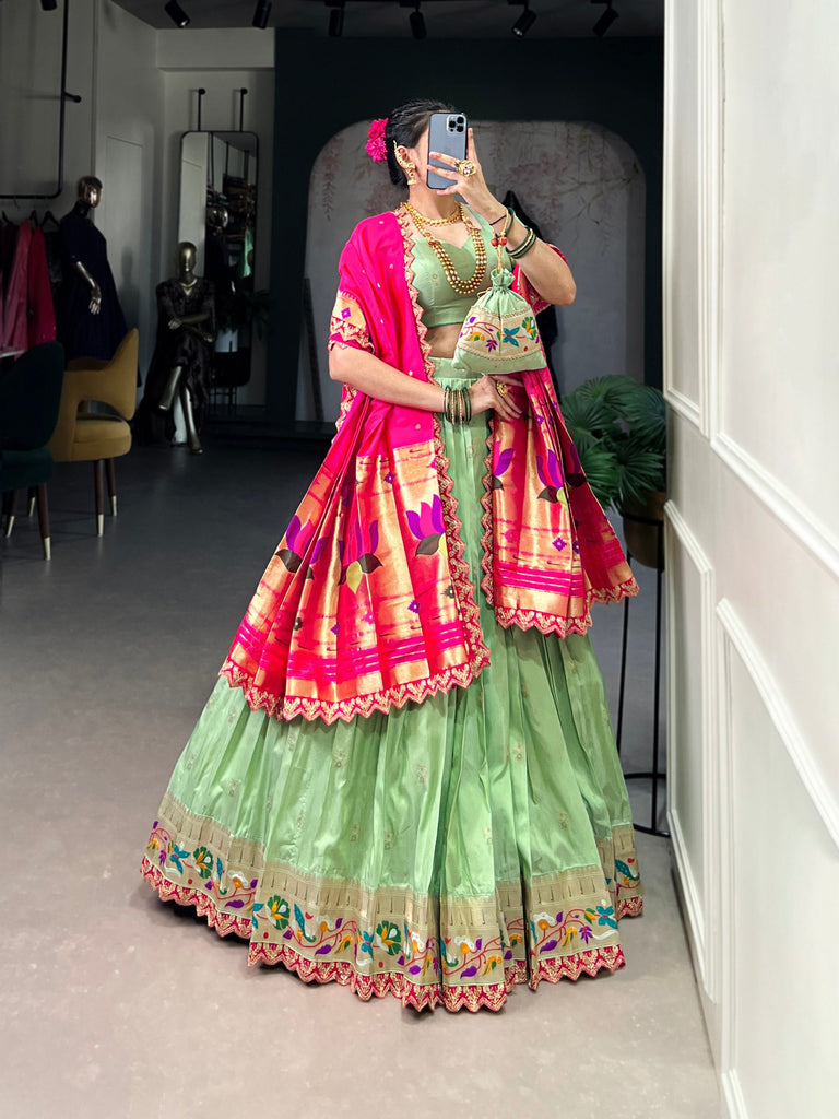 Pista Paithani Jacquard Silk Lehenga Set with Zari Weaving, Embroidery & Scallop ClothsVilla